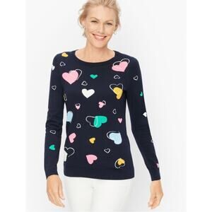 Talbots Indigo Blue Soft Pink Hearts Crewneck Sweater Cotton Blend Medium